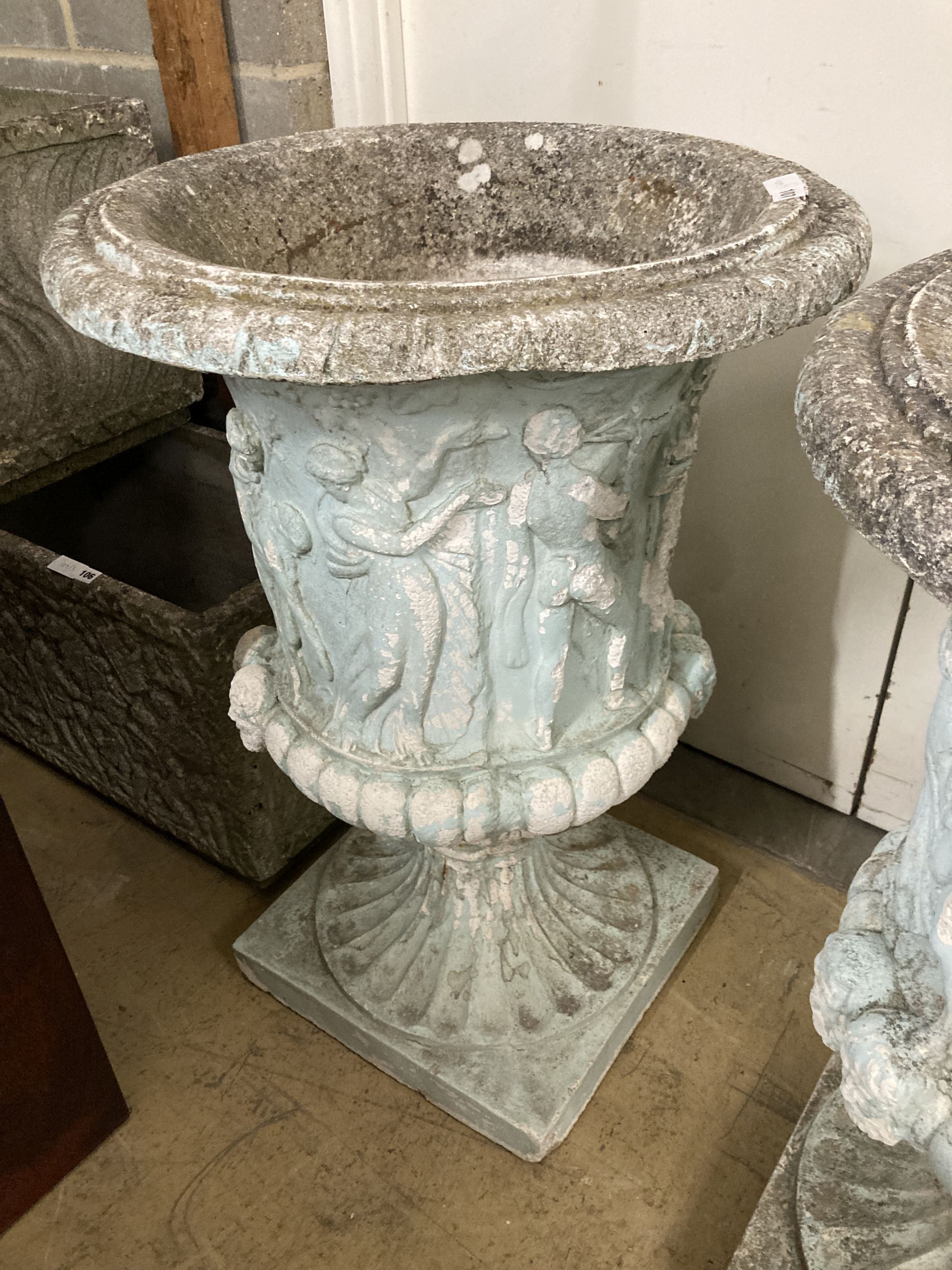 A pair of painted reconstituted stone campana garden urns, diameter 62cm, height 90cm